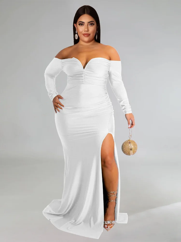 Wmstar Plus Size Party Dresses for Women Off Shoulder V Neck Slip Hem Elegant Full Length Maxi Dress Wholesale Dropshipping 2022