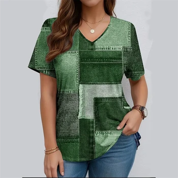 2025 Nuovo Geometrico Patchwok 3d Stampa T-shirt Moda Donna Con Scollo A V Oversize Manica Corta Maglietta Casual Magliette E Camicette Tee Abbigliamento Femminile 1