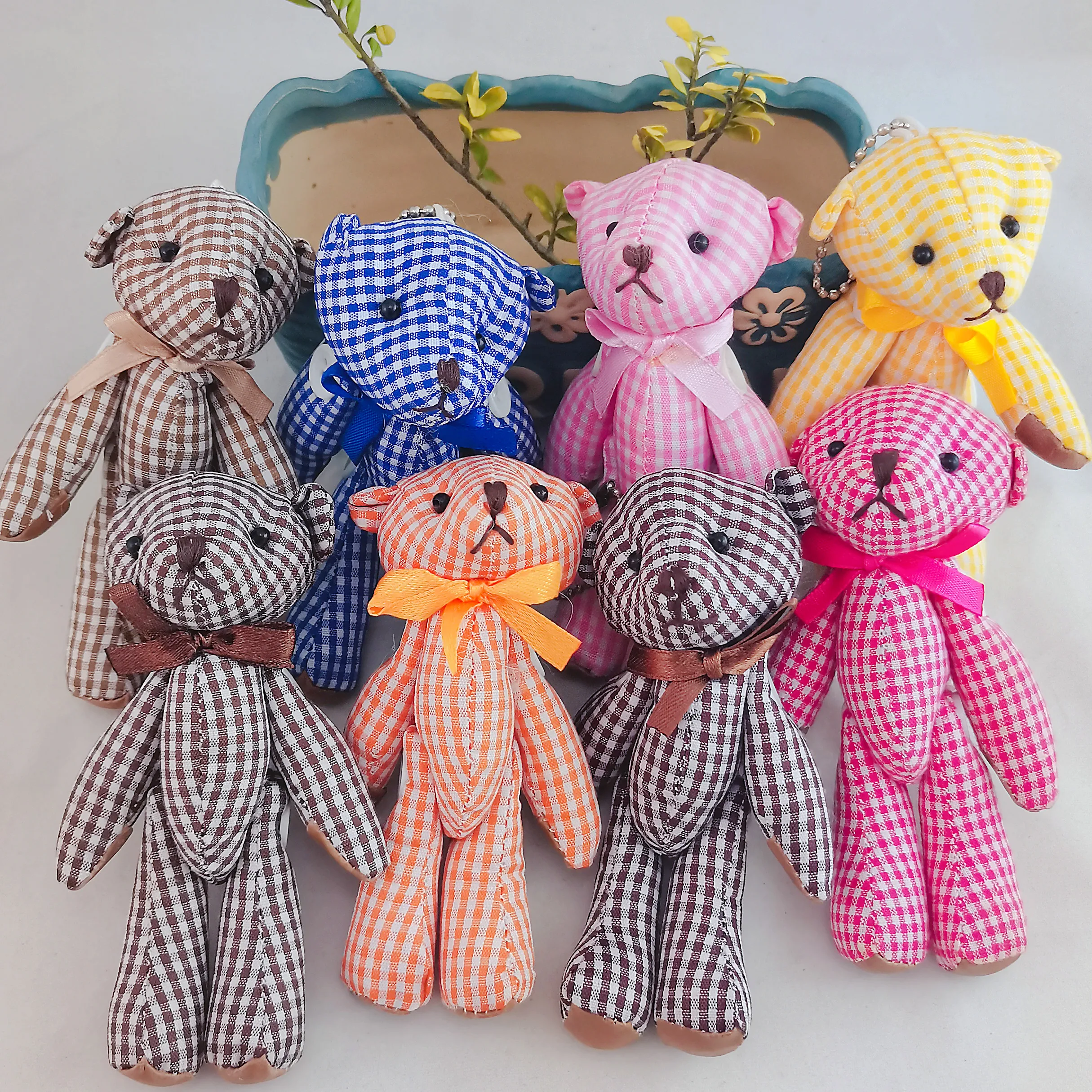 

200pcs Plush Plaid Jointed Teddy Bear Bow-tie Bears Grid Doll Key Chain Bag Pendant Stuffed,Deposit First to Get Discount much W