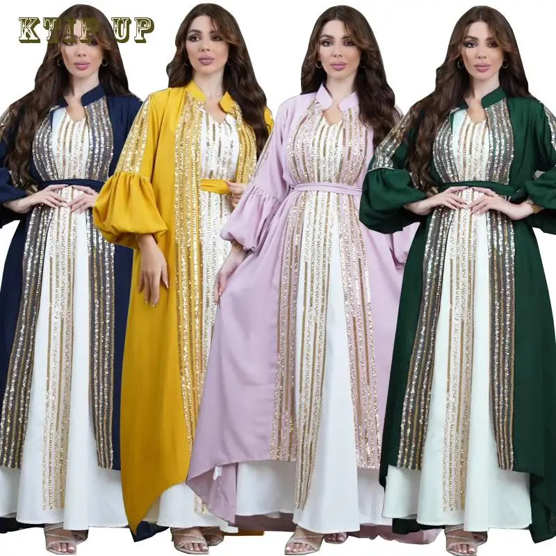 

Women's Beaded Embroidery Two Piece Set, Bubble Sleeve Dress, Middle East Abaya, Turkish, Dubai, Saudi, Arabian, Muslim Fashion