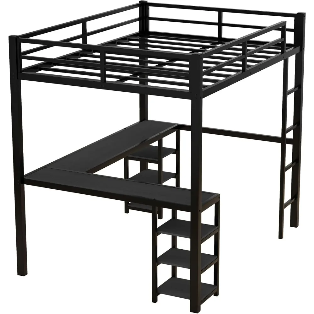 Children Beds, Full Size Loft Bed with Desk and Storage Shelves, Heavy Duty Metal Loft Bed with Black Desk and Guardrail 6