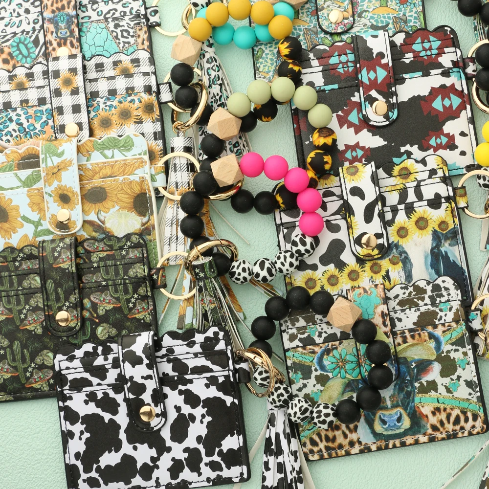 Bull Silicone Beads Bracelet Pu Leather Purse Leopard Print Tassel Cow Wallet Keychain Silicone Beaded ID Card Holder Keychain 4