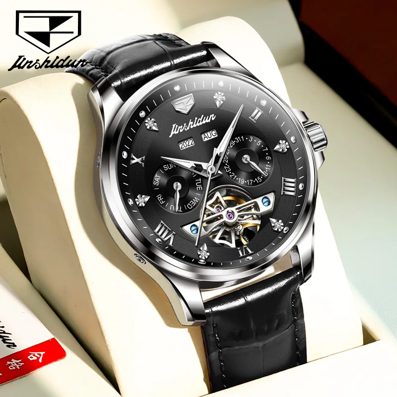 JSDUN Luxury Automatic Mechanical Watches for Business Men Chronograph Auto Date Leather Strap Waterproof Luminous Clock 8926