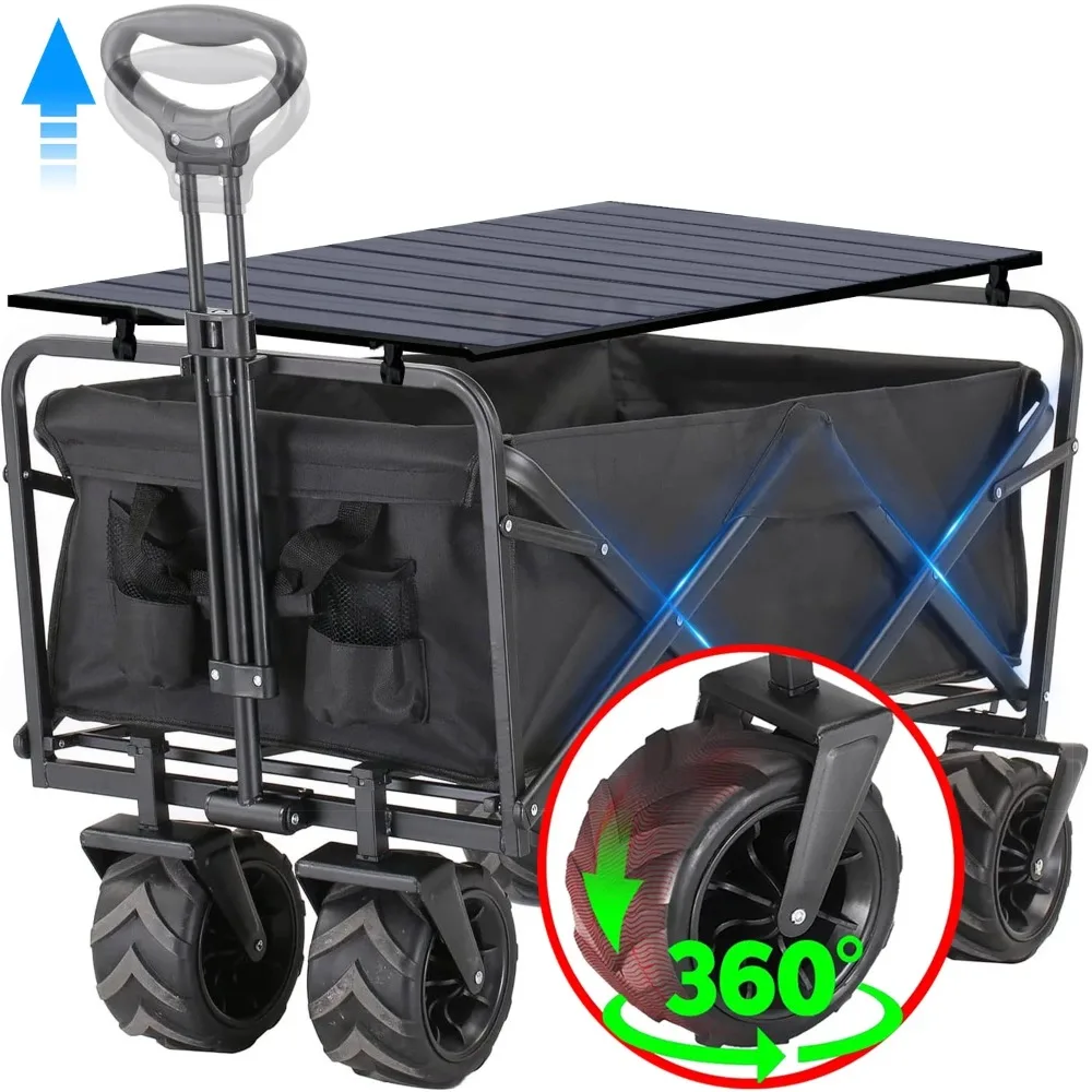 

Heavy Duty Wagon Cart with Aluminum Table Plate, Extra Pocket, Storage Bag, Collapsible Folding Wagon Trolley, Garden