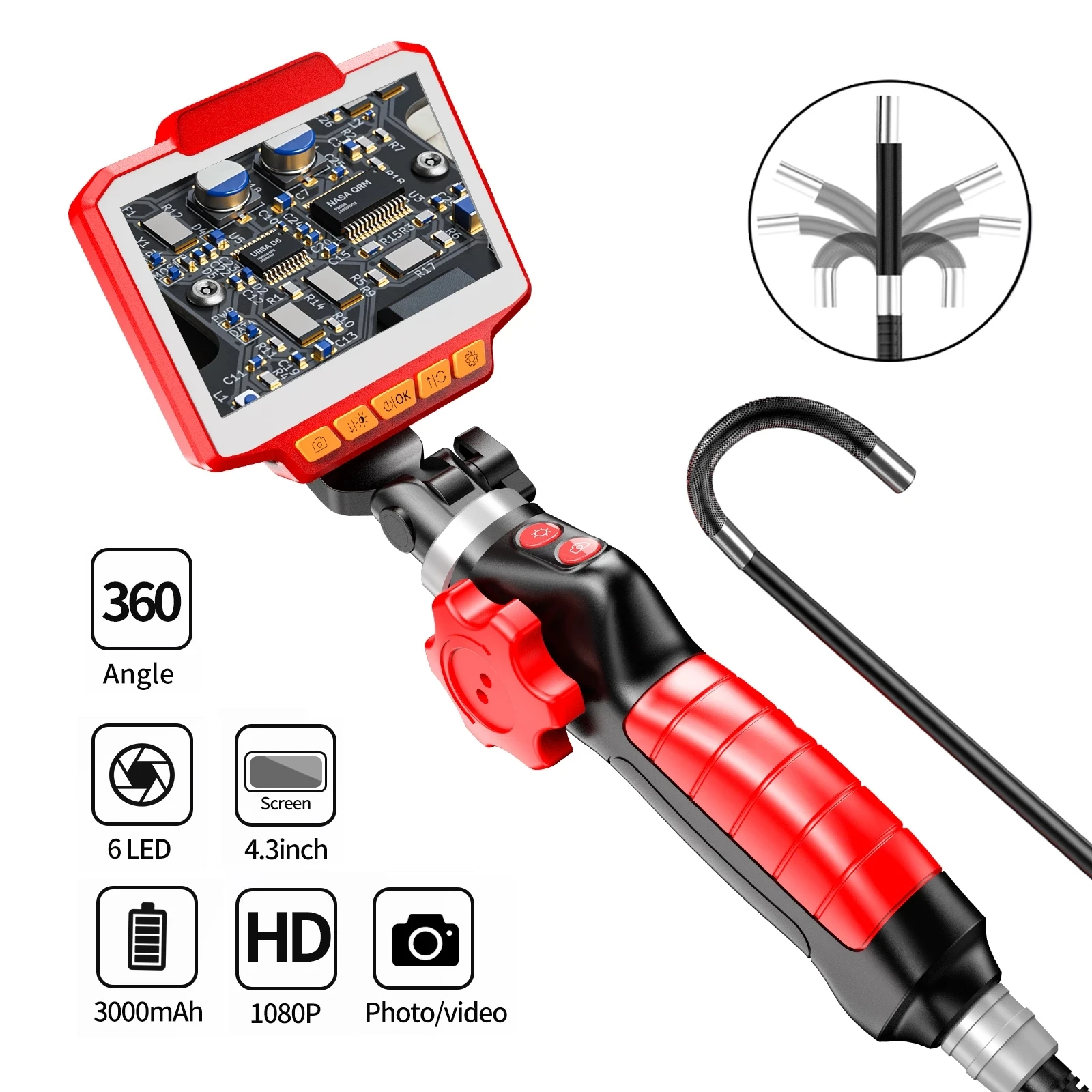 YSB 8M 1080P 180 Degree 2 Way Steering Industrial Borescope Endoscope Camera With 6 LED For Car Inspection Sewer Inspection