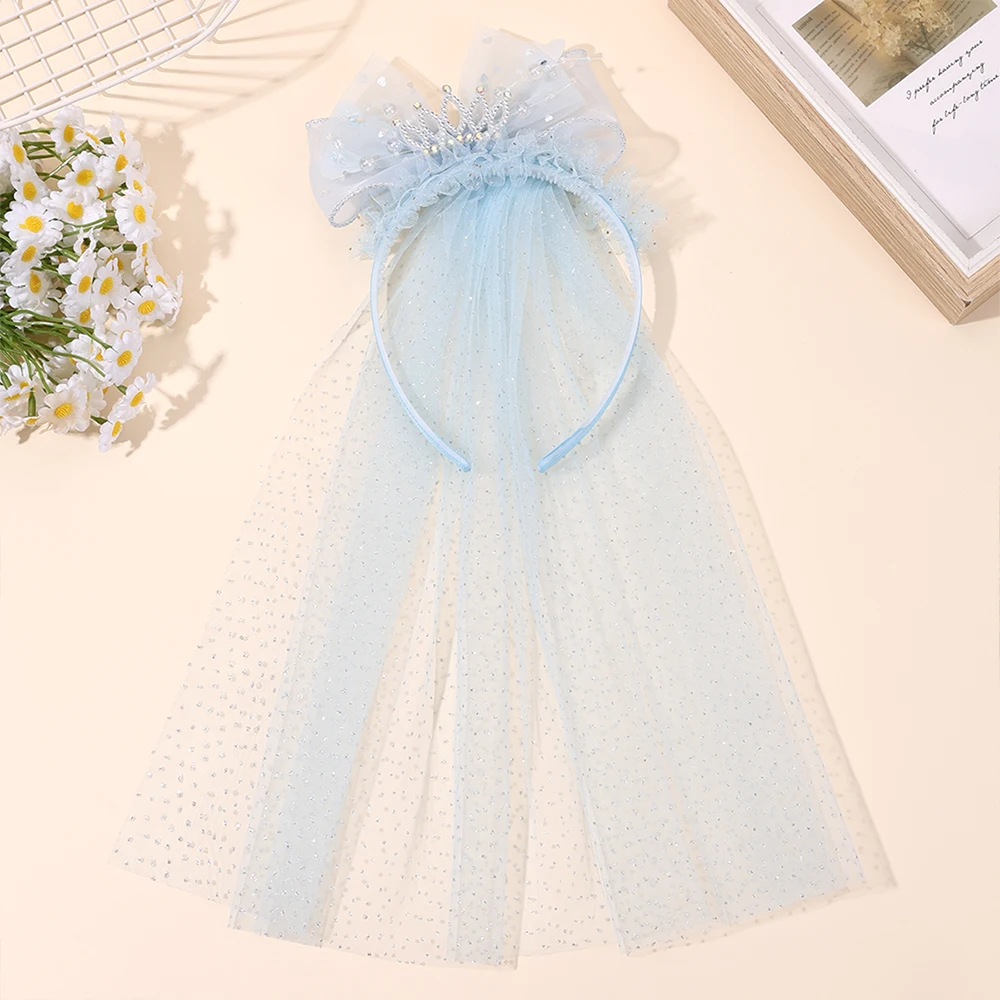 Cute Princess Wedding Veil Headband With Crown Large Meah Bow Hair Hoop Sweet Birthday Party Hair Band Costume Hair Accessories
