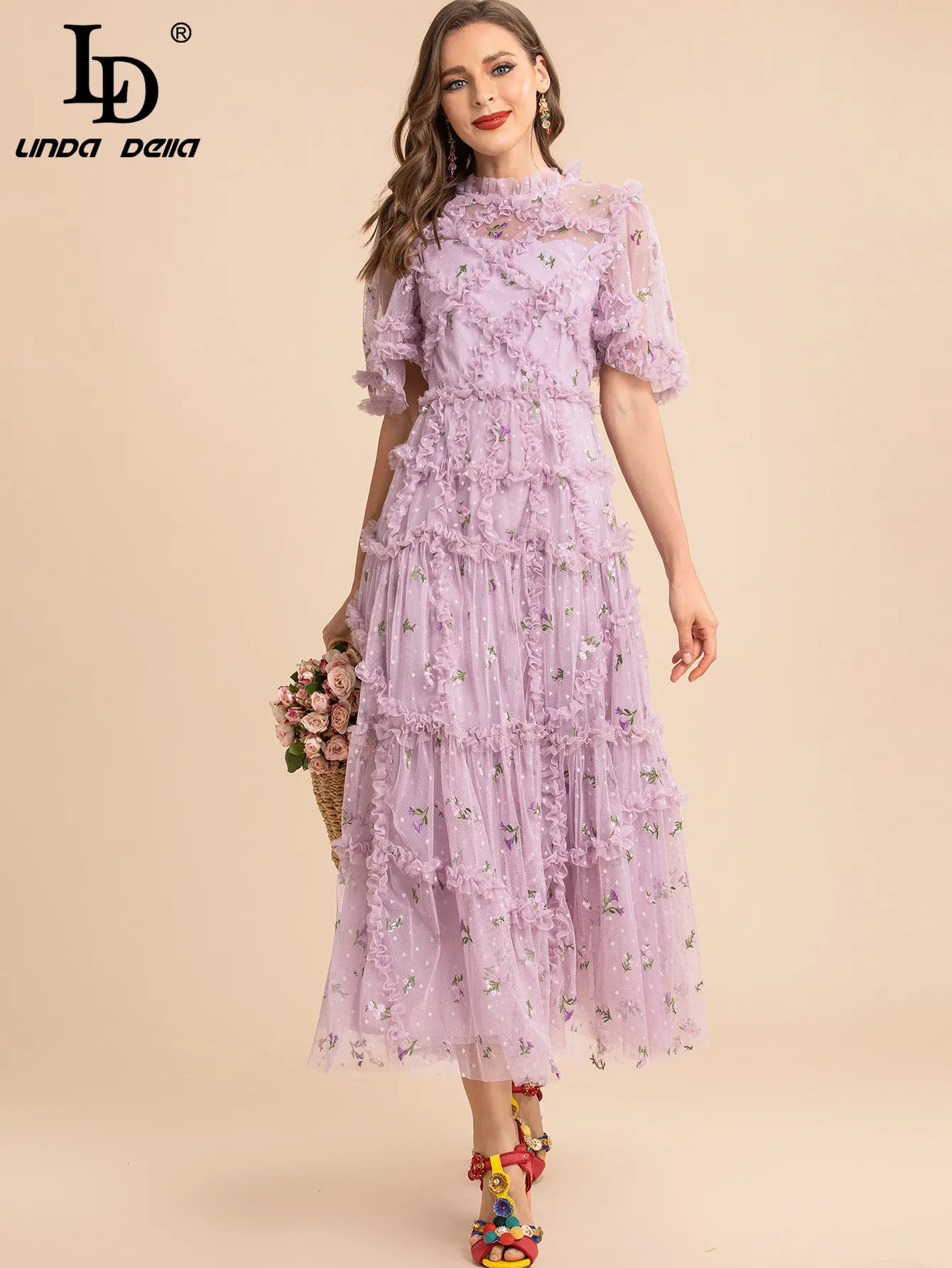 LDLINDADELLADesignerSummerLongPurpleVacationDressWomenPuff