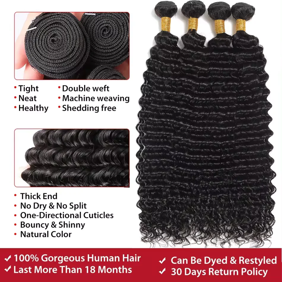 30Inch Deep Wave 1 3 4 Bundles Deal Malaysian Hair Weave Bundles 100% Virgin Human Depp Water Curly Extensions Tissage