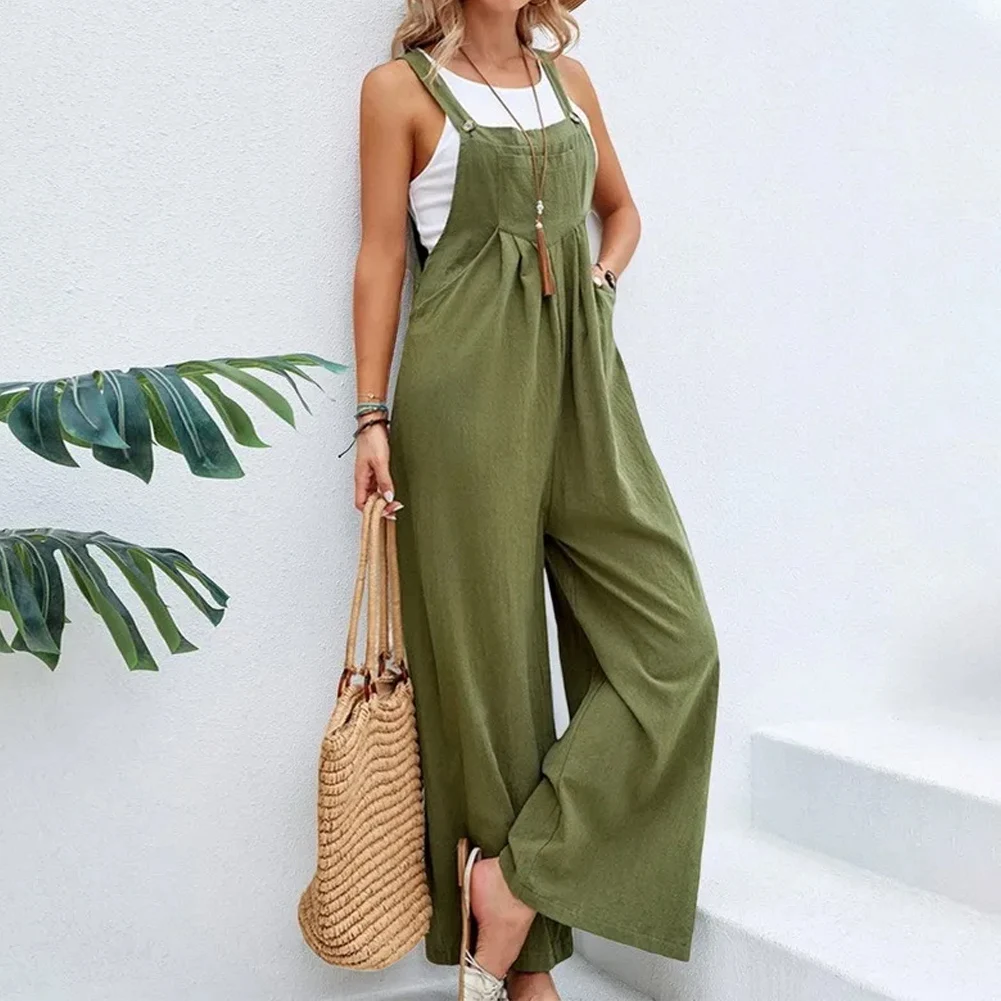 

Hot Women Cotton Linen Jumpsuit Casual Wide Leg Suspender Pants Summer Causal Stretch Loose Rompers Fashion