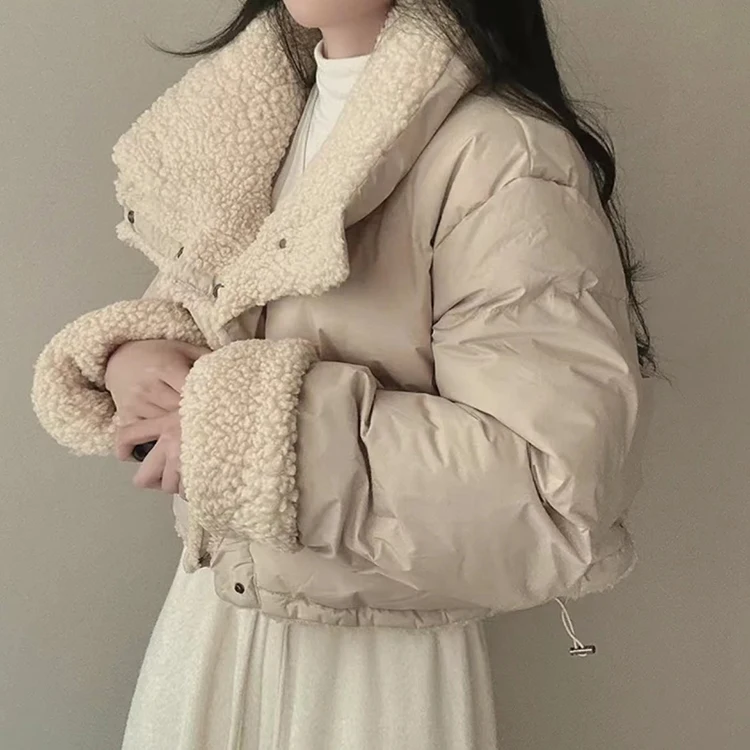 Stand Collar Drawstring Parkas Thicked Outerwears Lambswool Ropa Mujer 2025 Woman Casaco Autumn Winter Single Breasted Jacket