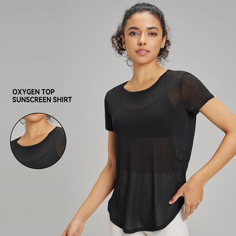 Summer hollow back loose yoga short sleeve fitness leisure sports short sleeve mesh breathable yoga clothing women