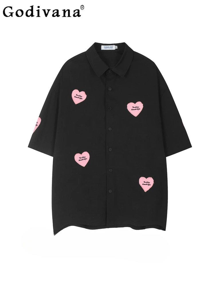 Streetwear Retro Love Embedded White Short Sleeve Shirts 2024 Summer New Fashion Loose Slim Casual Flowers Blouse Women Clothes