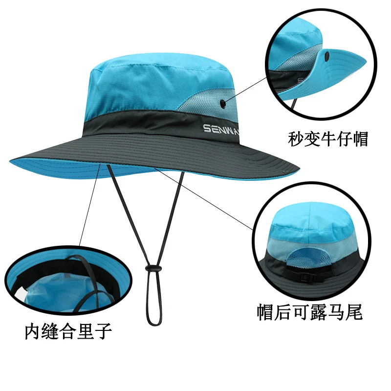 UPF 50+ Wide Brim Sun Hat Waterproof UV Protection Foldable Mesh Beach Fishing Hat Women's Ponytail Bucket sun hat fisherman hat sun protection hat