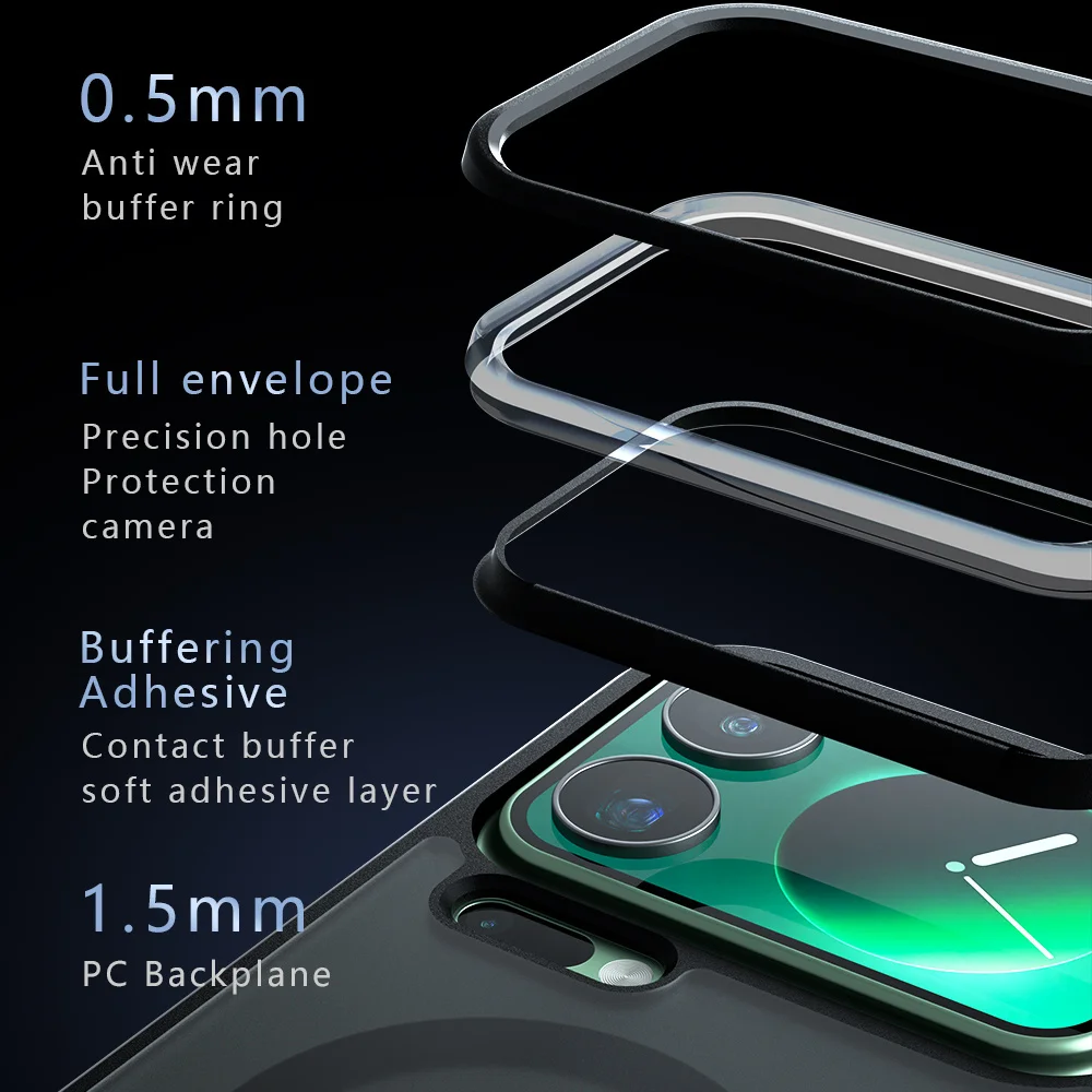 Luxury Black Frosted Magnetic Phone Case with Wireless Charging Translucent Cover