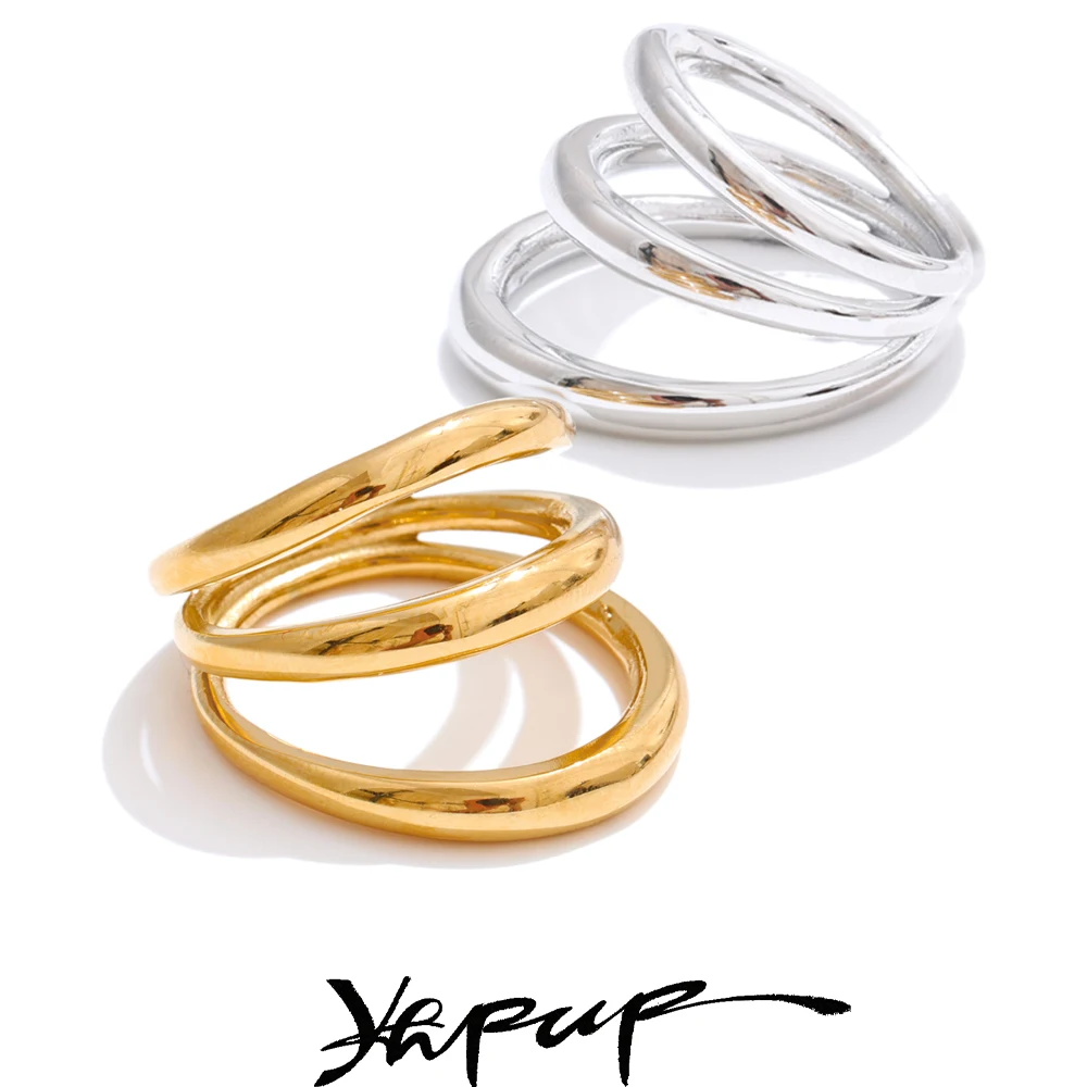 Yhpup Distinctive Stainless Steel Layered Geometric Finger Ring