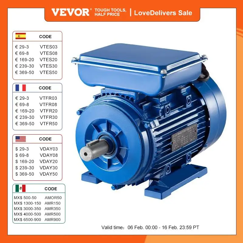 Vevor Motore Asincrono Monofase A 2 Poli, 2200 W Motore Elettrico Monofase Asincrono A Velocità 2860 Giri/Min, Motore Lunghezza Albero 50 Mm, Montaggi