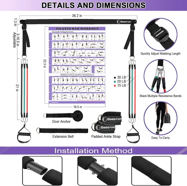 Portable Pilates Bar Kit with Resistance Bands for Exercise Resistance Bands Home Gym Equipment Supports Full Body Workouts New 4