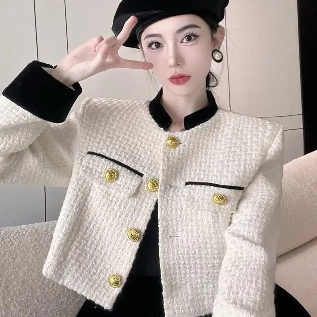 

Korean Fashion Temperament Vintage Small Fragrance Women Plaid Tweed Short Jacket Button Short Coat Stand Collar Female A167