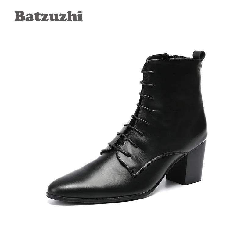

Batzuzhi Boots Men 6.8CM High Heel Cowhide Genuine Leather Men Boots Black Lace-up Zapatos Hombre zapatos de hombre Knight Boot