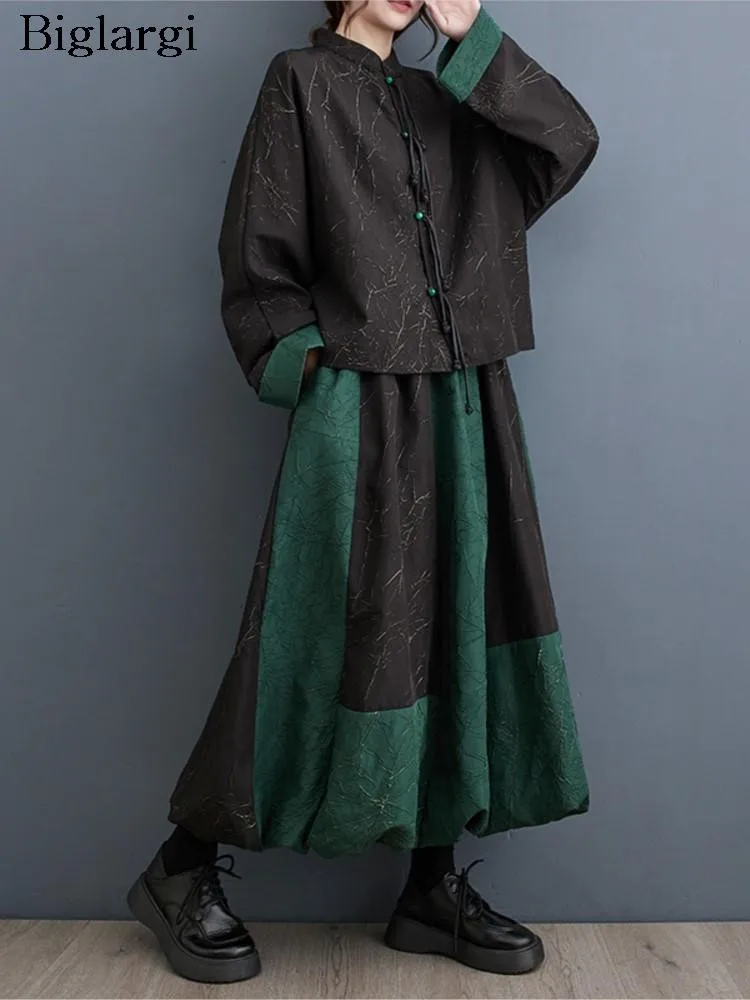 

Oversized Autumn 2 Two Piece Set Women Print Vintage Ladies Coats Tops Fashion Patchwork Loose Ruffle Pleated Woman Skirt 2023