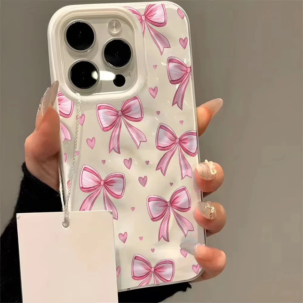 Elegant Pink Bow Heart Pattern Wave Texture Phone Case - Soft Back Cover