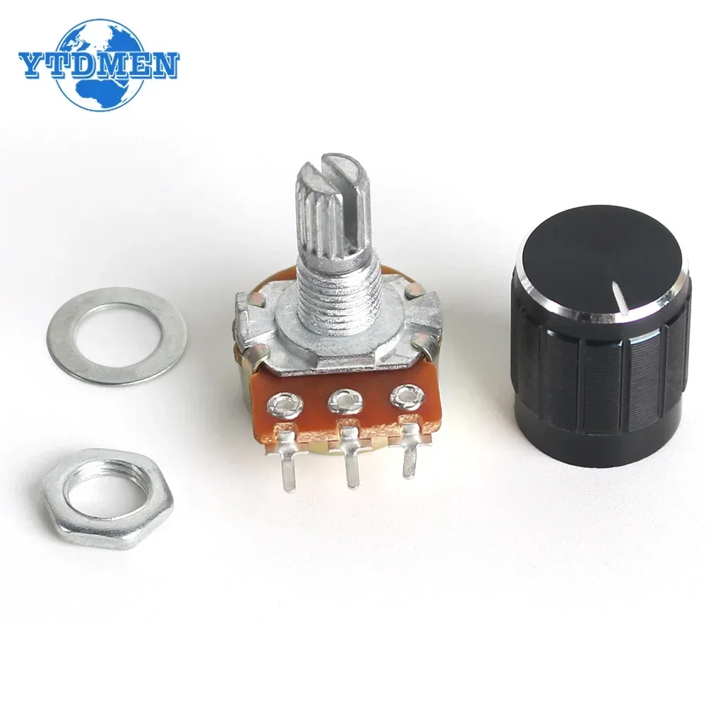 5Set WH148 15mm 3pin Linear Potentiometer 1K 2K 5K 10K 20K 50K 100K 250K 1M with Black Aluminum Alloy Knob Cap Potentiometer Kit