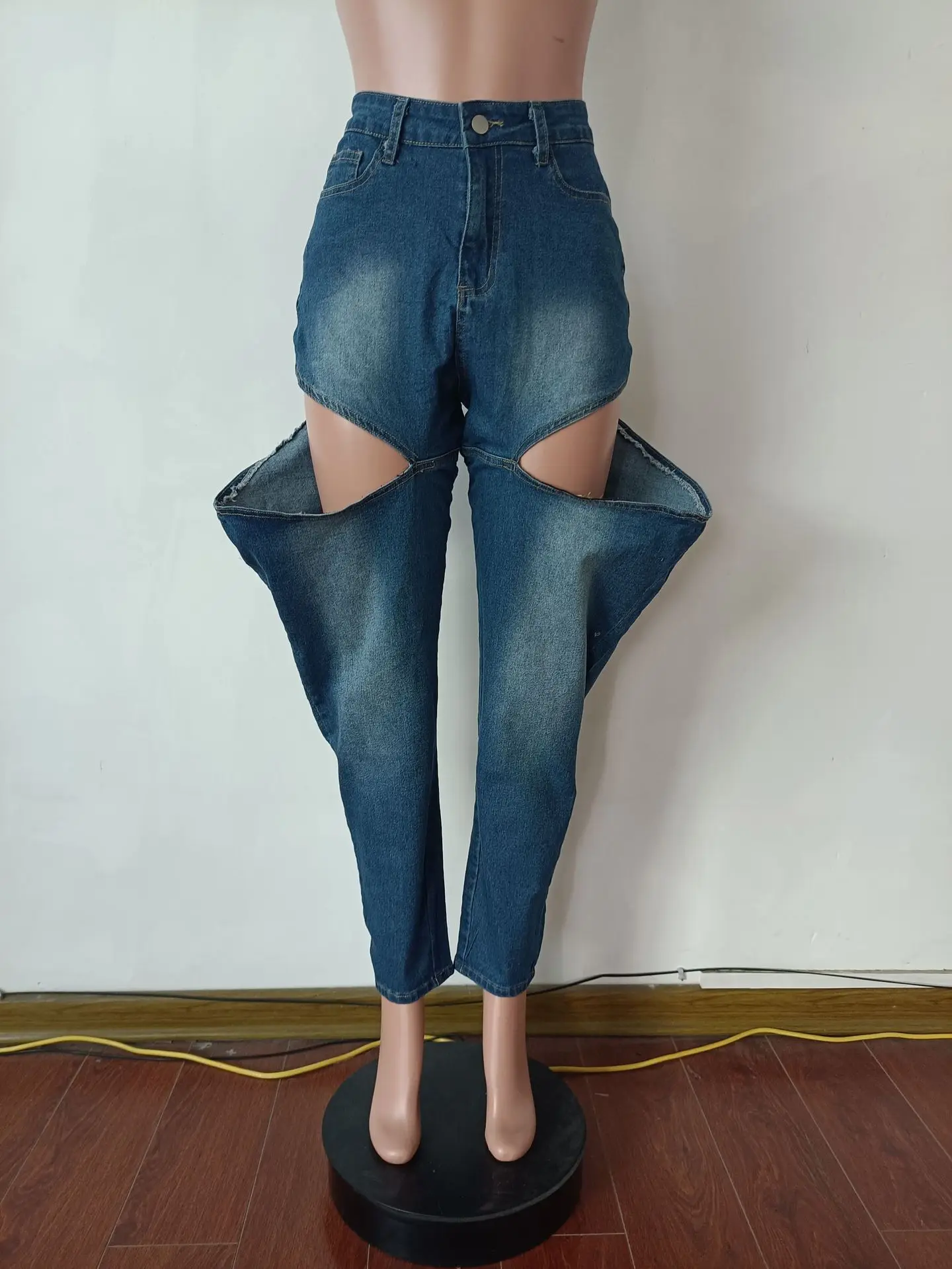 Hollow Out Denim Pants Sexy Women High Waist Elegant