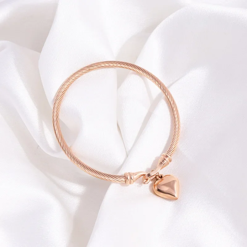 18k Gold Color Stainless Steel Heart Pendant Charm Bangle Bracelets For Men Women