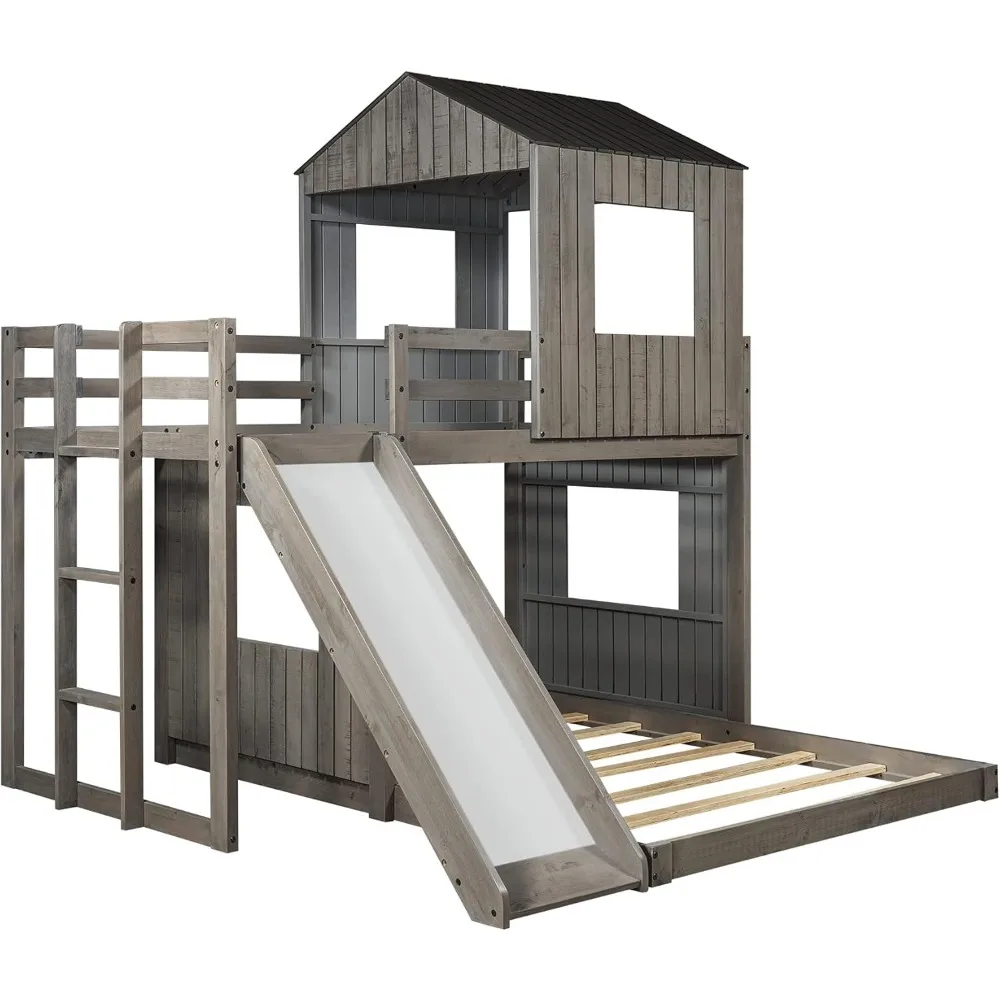 Bunk Bed for Kids Toddlers, Twin Over Full Bunk Beds with Slide, Playhouse Farmhouse Roof Window Guardrail Ladder