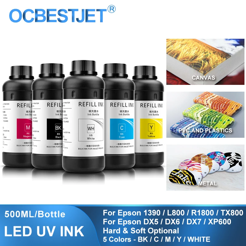 5&times;500ML LED UV Ink For DX4 DX5 DX6 DX7 DX10 TX800 XP600 Printhead For Epson 1390 L800 L1800 L805 R1800 R1900 UV Modified Printer