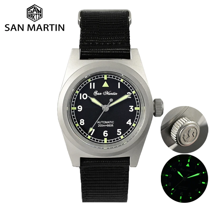 San Martin Mens Watch Piloter Simple Military Yn55A Spray Sand Case Orologi Meccanici Automatici Per Uomo 20Bar C3 Luminoso