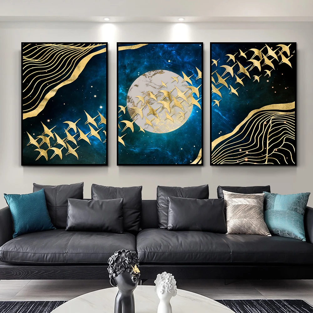 

Light Luxury Canvas Paintings Golden Moon Birds Posters and Prints Modern Wall Art Pictures Living Room Home Decoration Cuadros