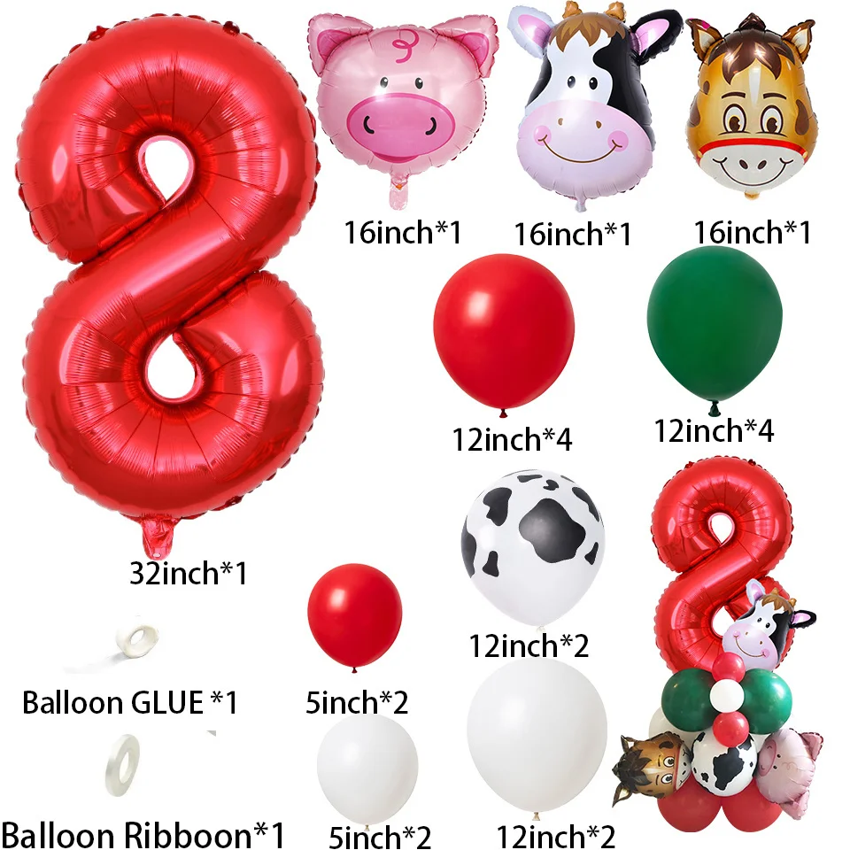 22pcs Farm Animal Theme Cow/Pig Balloons Tower Set 1-9inch Red Balloon Kids Happy Birthday Party Decoration Farm Party Supply