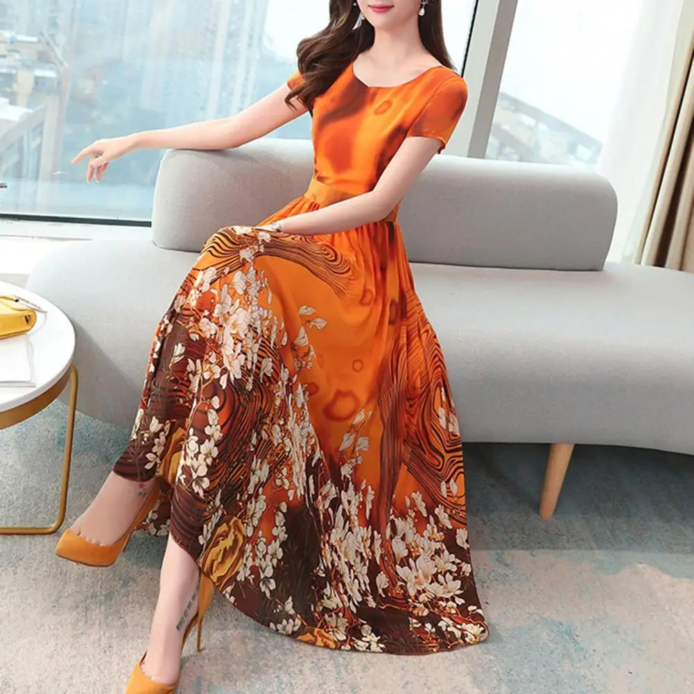 Formal Dress Floral Print Large Hem Summer Crew Necks Long Dress