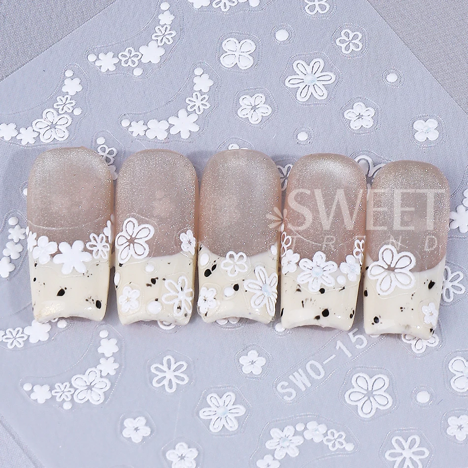 2pcs White Little Flower Nail Stickers Hollow French Petals Floral Textured Self-Adhesive Decals Elegant Wedding Manicure Decor