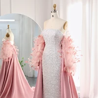 Luxury Feathers White Sequined Mermaid Evening Dress with Cape Long Sleeves Dubai Arabic Wedding Party Dress 235 1