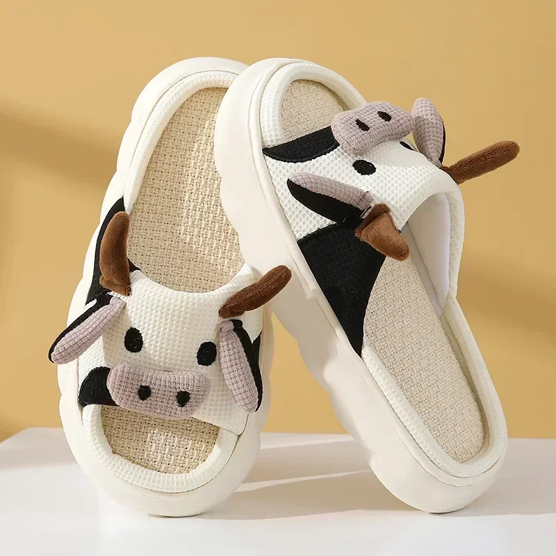 2024 Cute Cartoon Cow Linen Slippers Universal Indoor Home Four Seasons Non-slip Cotton Linen Sandals — view 2