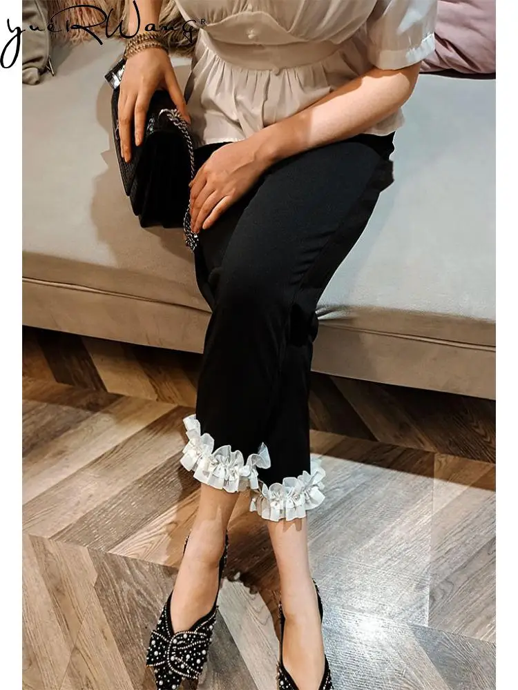 

Женские Капри yuerwang с жемчугом и оборками, сшитые брюки до щиколотки, шаровары, модные черные женские брюки с высокой талией, новинка 2022