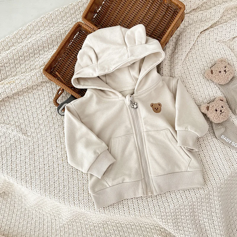Girl Cute Bear Cardigan Simple Soft Zipper Hoodies 0-3y Infant Baby Solid Comfortable Coat Toddler Boy Pocket Coats baby girl cardigan
