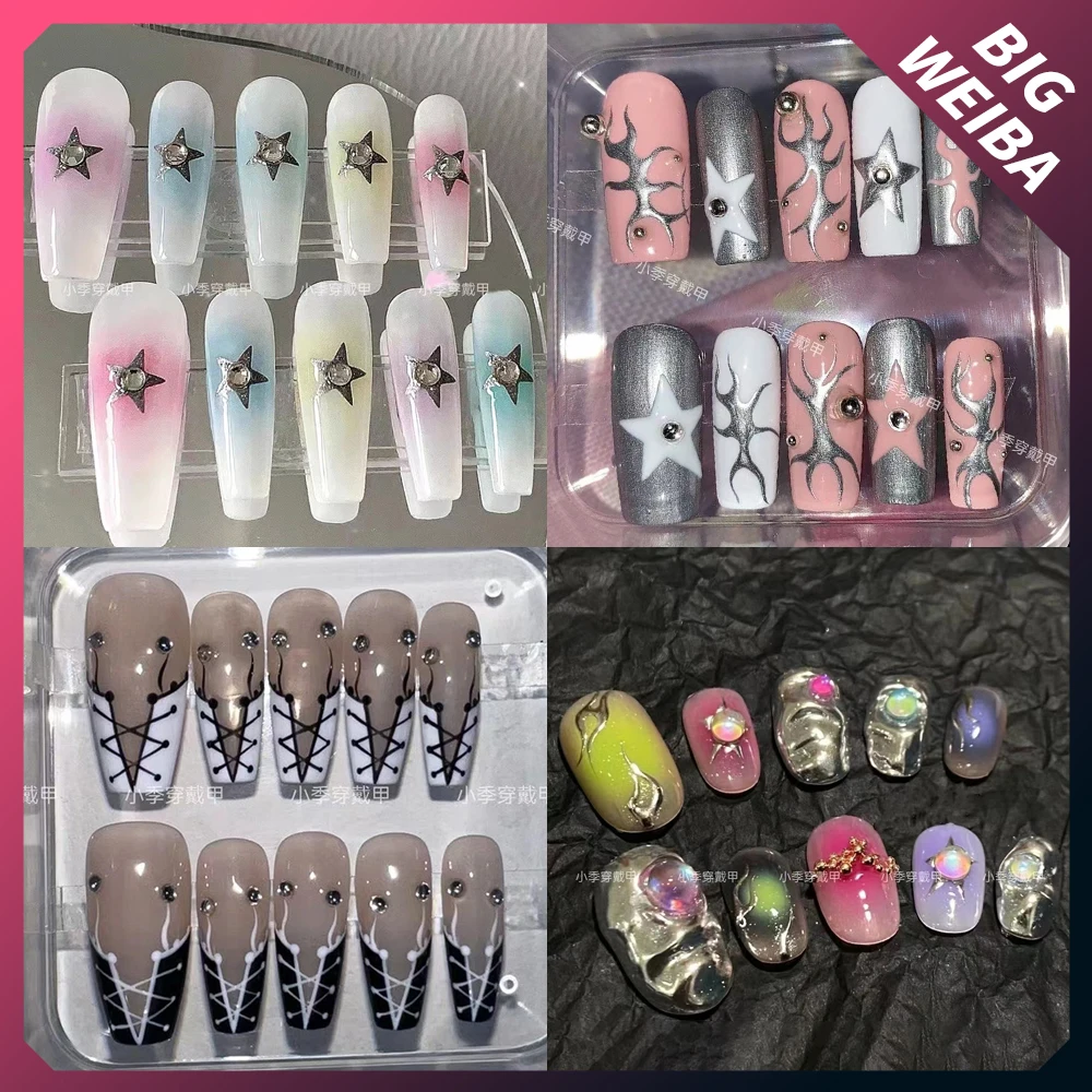 

Handwork French Star Full Cover Nail Tip Long Coffin Press On Detachable Reutilization False Nails Fashion Party Women's Gift