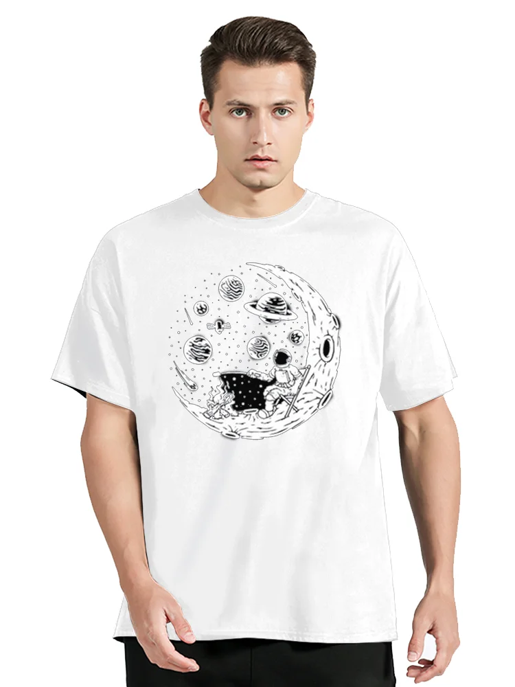 T-shirt High Quality Cotton Funny Astronaut Moon Barbecue Print Casual T shirt Tee Tops Men's Clothing Oversized Tshirt_voghion.com