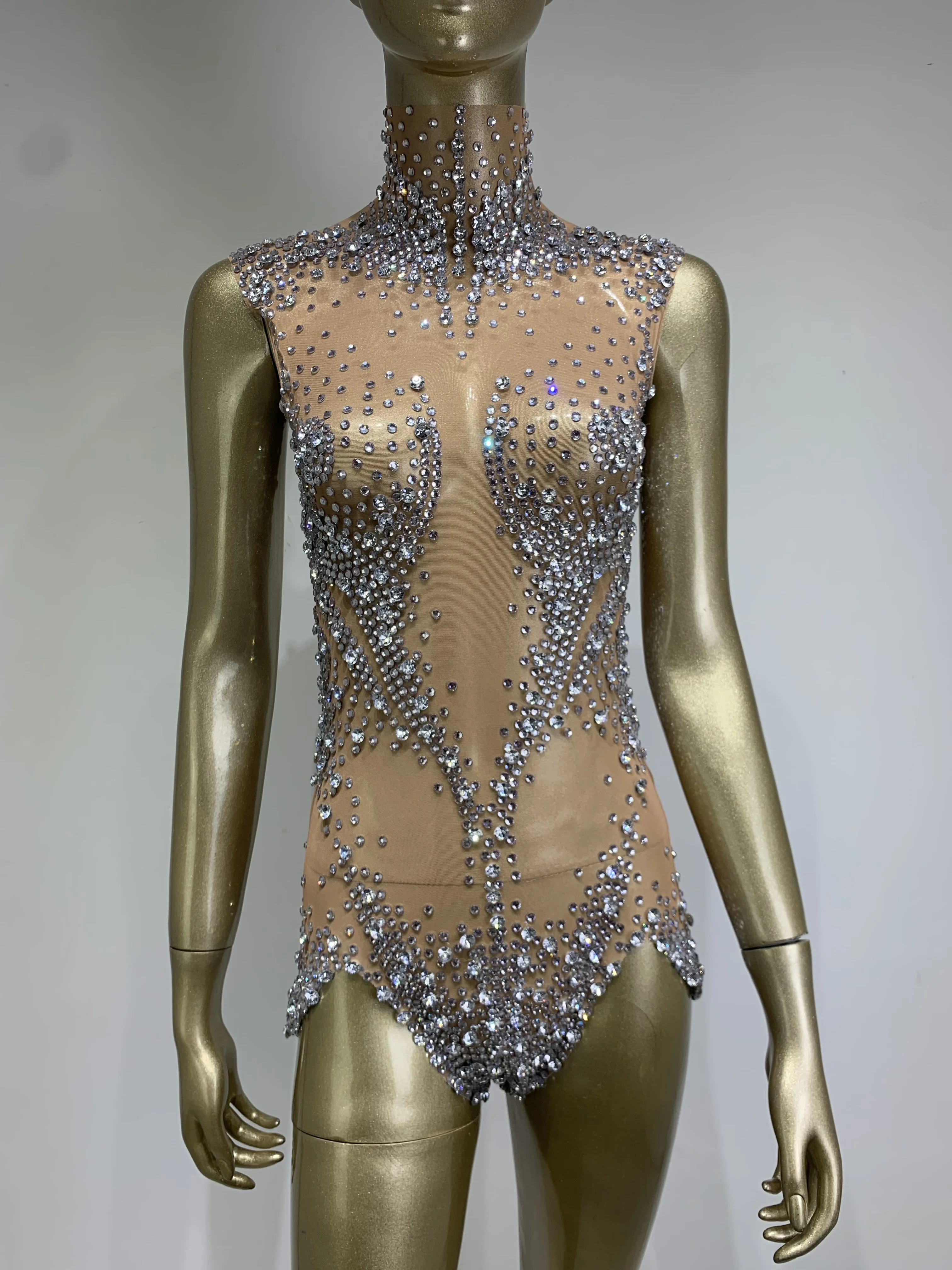 Women Sexy Sparkly Silvery Rhinestones Mesh Stretch Bodysuit Performance Dance Costume Nightclub Party Singer Dancer Stage Wear