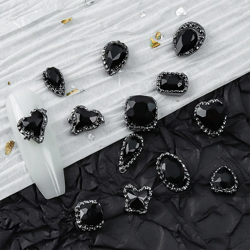 10PCS Punk Sparkle Black Diamonds Inlaid Full Gems Edge Alloy Nail Art Rhinestones Jewel Decorations Manicure Cool Dark Charms 3