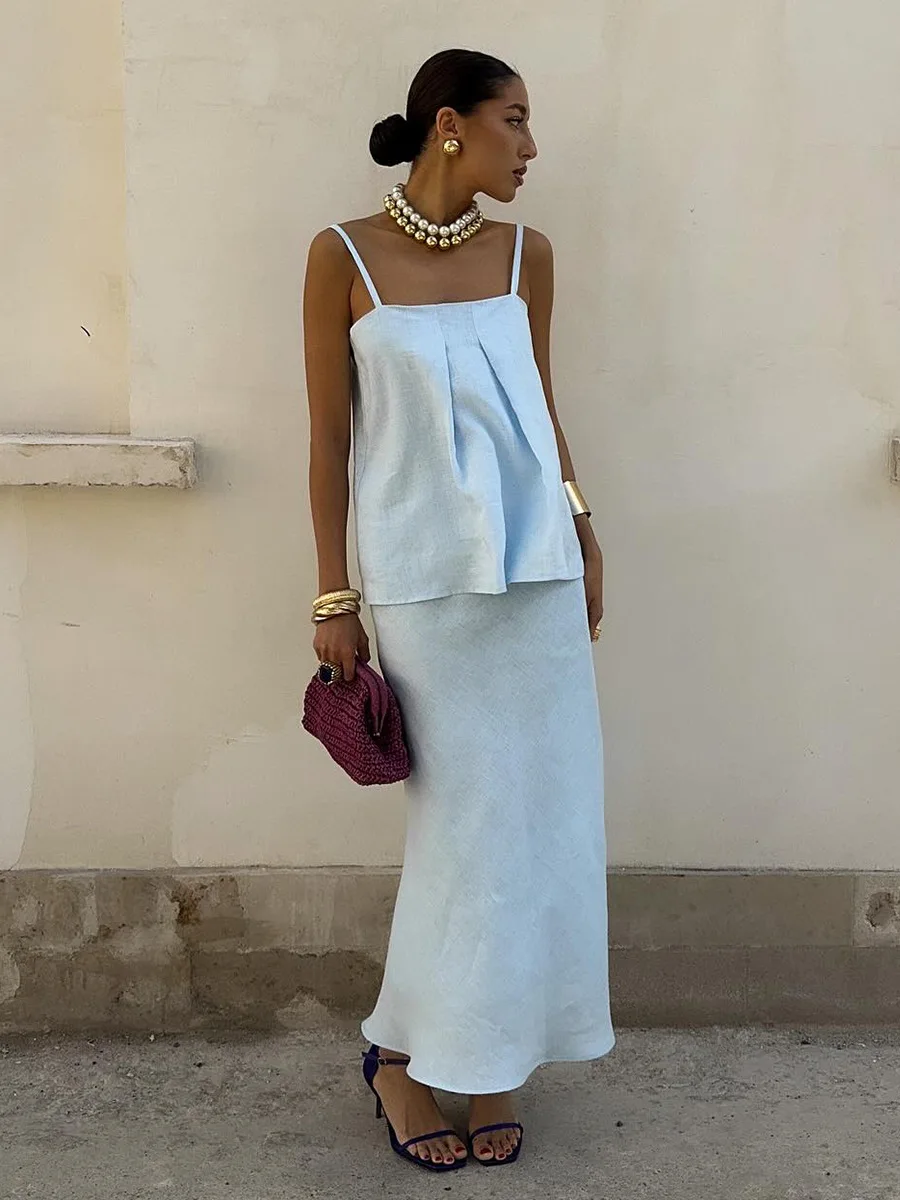 Bornladies 2026 Spring Summer New Cotton Women's Cami Skirt Set Elegant Lazy Cami Mermaid Maxi Skirt Two-Piece Outfit