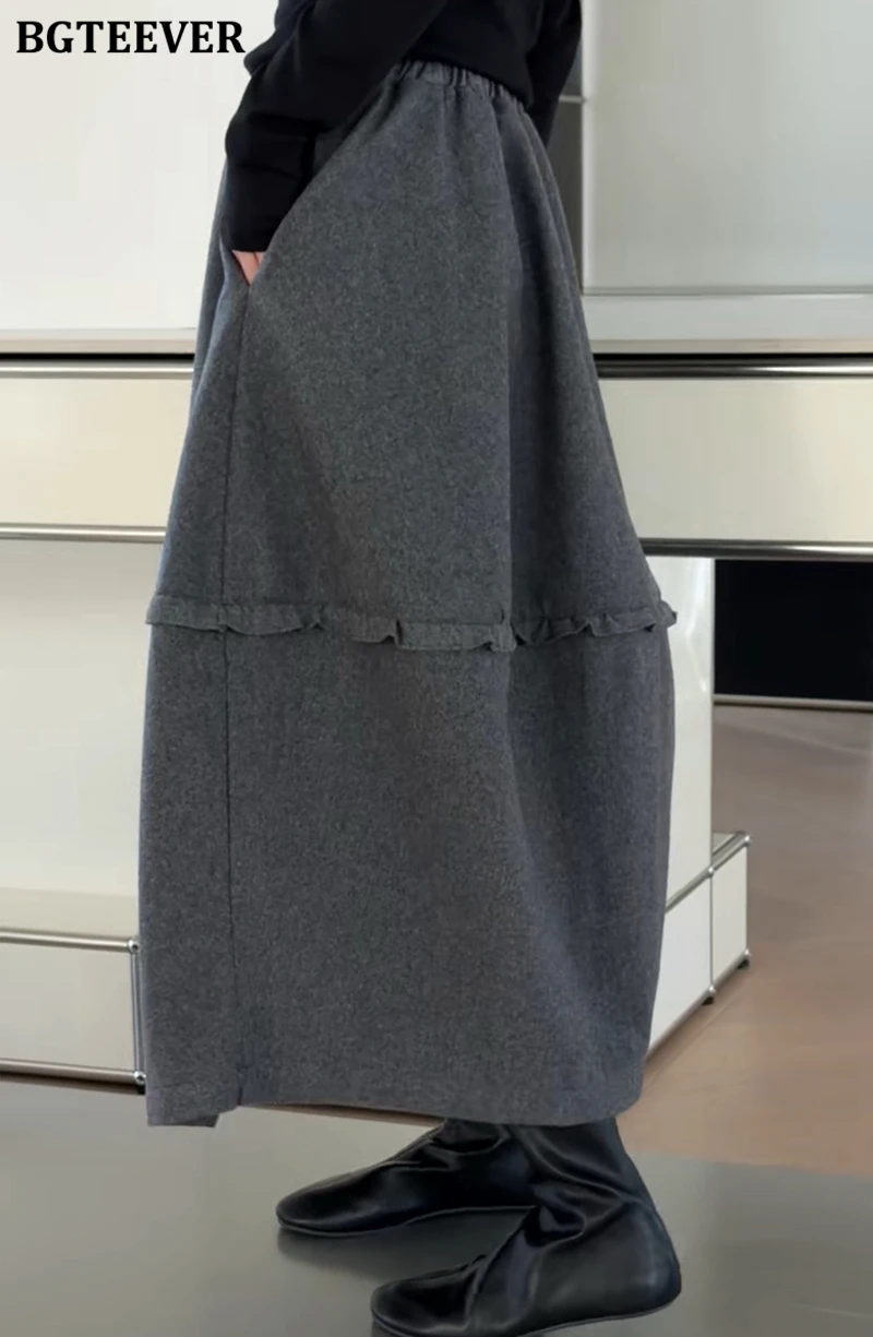 BGTEEVER Chic Stylish Warm Loose A-line Skirts for Women Autumn Winter Elegant High Waist Pockets Ladies Mid-Length Skirts