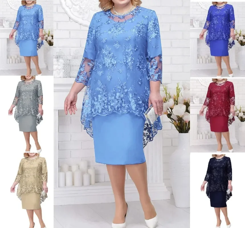 

2023 Women Plus Size Dress O-neck Midi Loose Dress M-5XL Lady Evening Lace Mesh Sexy Elegant Dress Female Clothing Summer Autumn