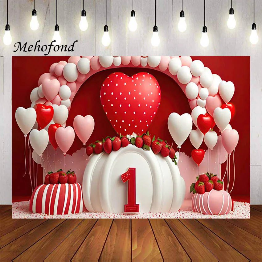 

Mehofond Photography Background Sweet Strawberry Balloon Girl Birthday Party Cake Smash Portrait Decoration Backdrop Photo Studi