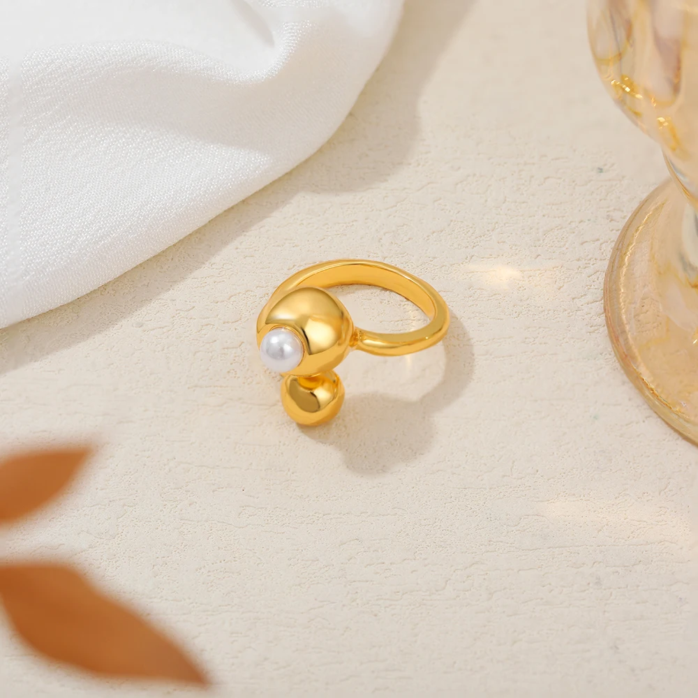 18K Gold Plated PVD Thick Metal Ball Open Knuckle Ring Unique Stainless Steel Imitation Pearl Rings Everyday Fashion Jewelry New