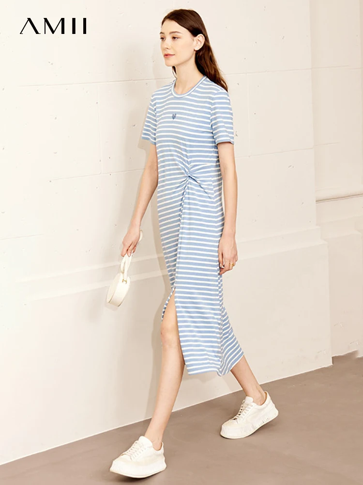 

AMII Minimalism Straight Dresses for Women 2023 Summer New Stripe Shirring Embroidery Female Vestidos Women Clothing 12332022