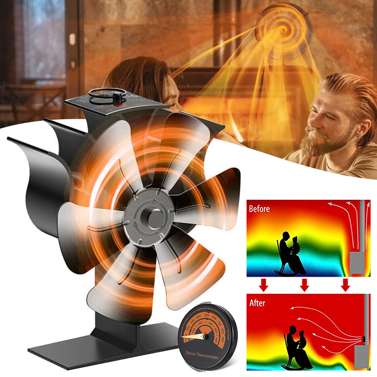 

6 Blades Wood Burning Stove Fireplace Fan Non-Electric Heat Powered Stove Fan with Thermometer 158°F Auto Start Silent Fireplace